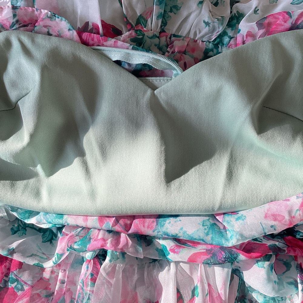 Mac Duggal Pink & Green Floral Ruffle Mini Dress - Picture 8 of 16